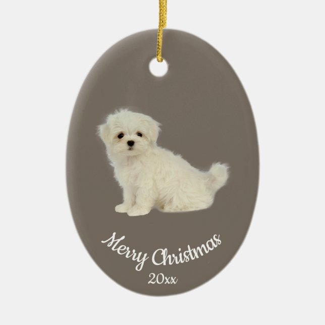 Dated Custom Photo Christmas Maltese Dog Pet Ceramic Ornament (Front)