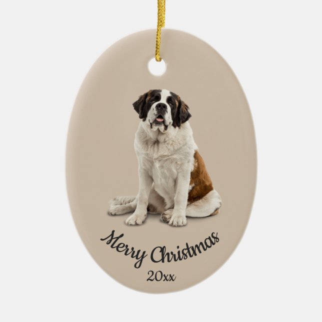 Dated Custom Photo Christmas St. Bernard Dog Pet Ceramic Ornament (Front)