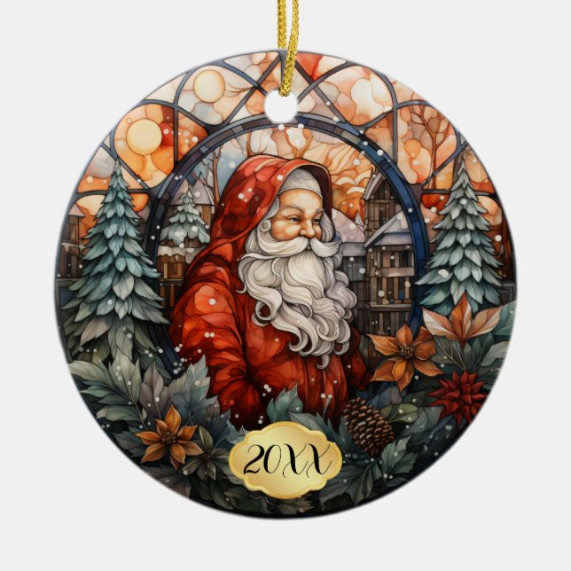 Dated Custom Santa Stained Glass Christmas Ceramic Ornament (Front)