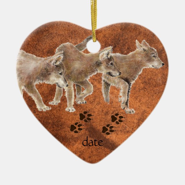 Dated Custom, Wolf, Wolves & Tracks Animal Ceramic Tree Decoration (Front)