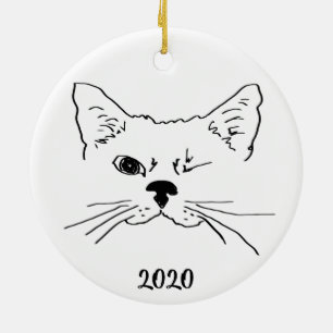 Dated Cute Smiling Winking Cat Drawing Ceramic Tree Decoration