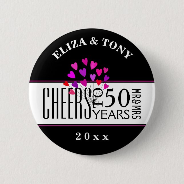 Dated Hearts 50th Wedding Anniversary Party Gift 6 Cm Round Badge (Front)