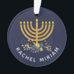 Dated Keepsake Baby's First Hanukkah | Blue & Gold Ornament<br><div class="desc">Nautical Boutique Co.'s keepsake design features baby's name and a watercolor menorah with a flower bouquet on the front side and the year and "First Hanukkah" on the reverse side. If you prefer a different background colour,  choose the customise option. #Hanukkah #FirstHanukkah #GiftIdeas</div>