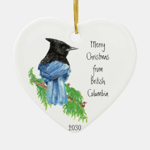 Dated Merry Christmas British Columbia Jay Bird Ceramic Ornament