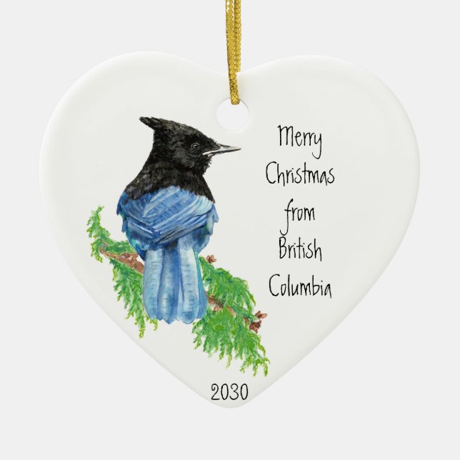 Dated Merry Christmas British Columbia Jay Bird Ceramic Ornament (Front)