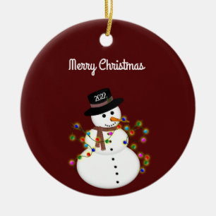 Dated Merry Christmas Snowman Personalised Ceramic Ornament