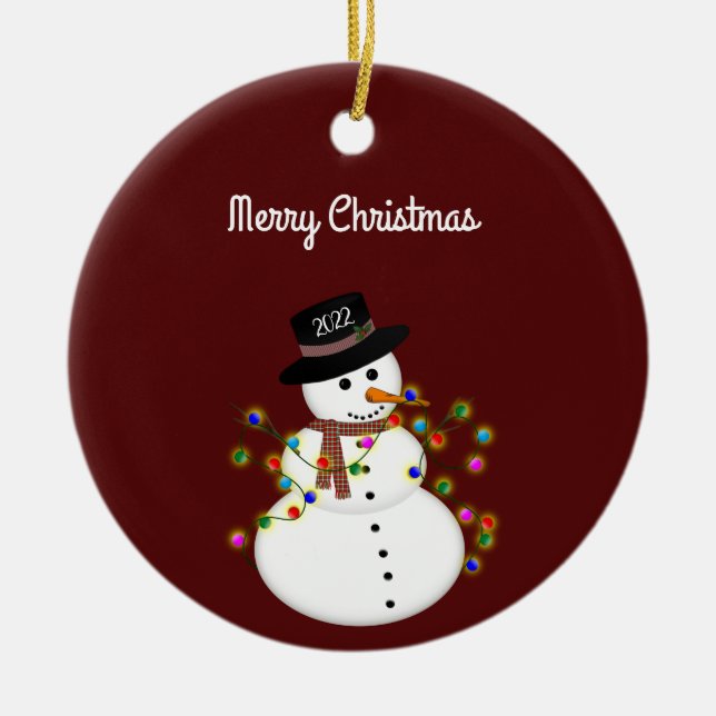 Dated Merry Christmas Snowman Personalised Ceramic Ornament (Front)