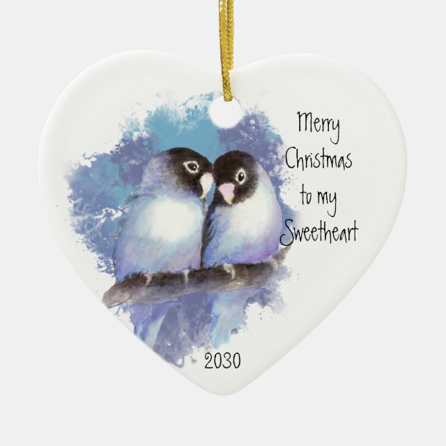 Dated Merry Christmas Sweetheart Love Birds Ceramic Ornament (Front)