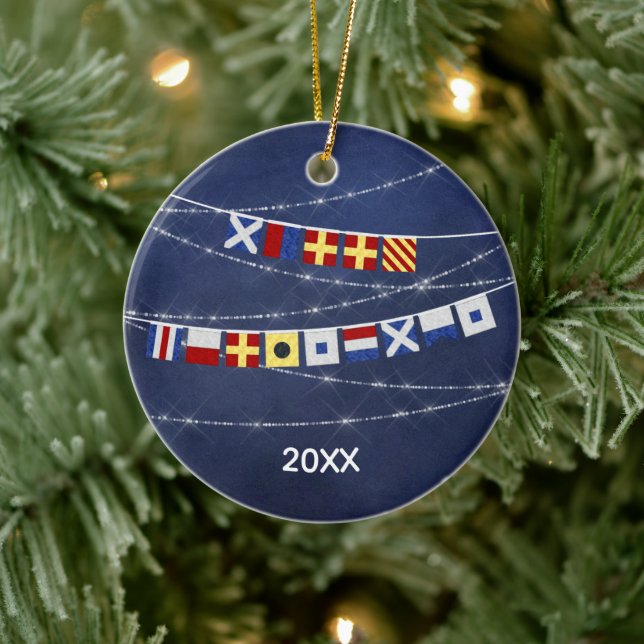 Dated Nautical Merry Christmas Signal Flag Ceramic Ornament (Tree)