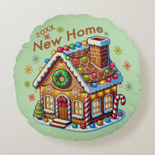 Dated New Home Gingerbread House Round Cushion