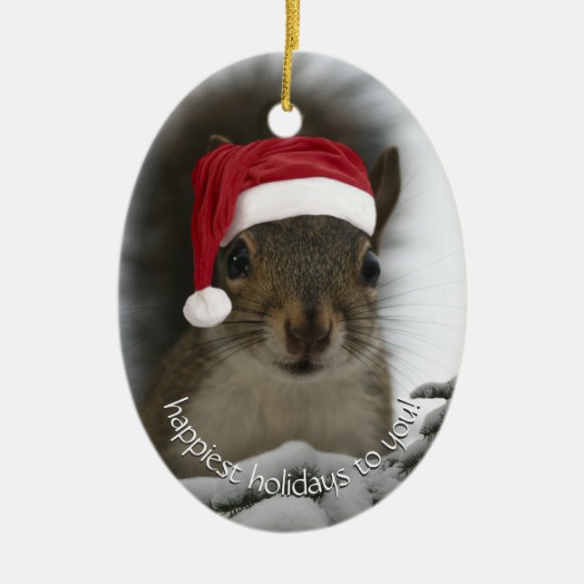 Dated Santa Squirrel™ Happiest Holidays Ceramic Ornament (Front)