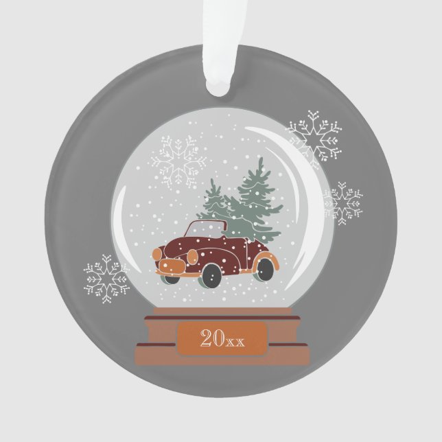 Dated Snow Globe with Red Car & Tree, Personalised Ornament (Front)