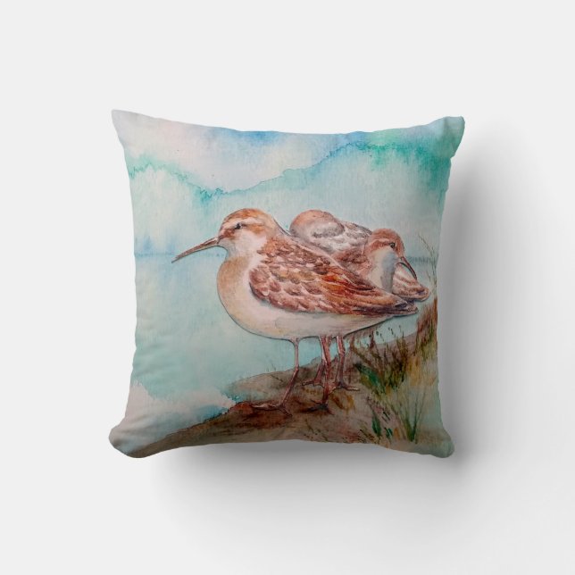 Dated, Watercolor Sandpiper Shore Beach Bird Art  Cushion (Front)