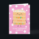 Daughter 11th Birthday Cute Pink Cake Custom Card<br><div class="desc">Celebrate your daughter's big day with this adorable 11th birthday card featuring a cute smiling cake character illustration, colourful sprinkles, and a cheerful “Happy Birthday” message. Set against a playful pink star background, this card is perfect for kids who love fun, silly, and sweet designs. Personalise it with your child’s...</div>
