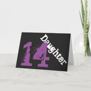 Daughter, 14th birthday, white, purple on black. card