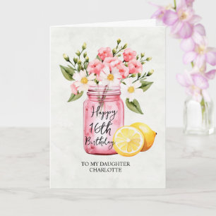 Daughter 16th Birthday Jar Pink Flowers Greeting Card