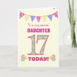 Daughter 17th Birthday Primrose and Bunting Card<br><div class="desc">A pretty 17th Birthday card for your daughter, with polka dot bunting, primrose flowers and numbers filled with a primrose pattern, all on a pale yellow check gingham background. The front cover message is, 'To a very special DAUGHTER 17 TODAY!' The inside message is just a suggestion and you can...</div>