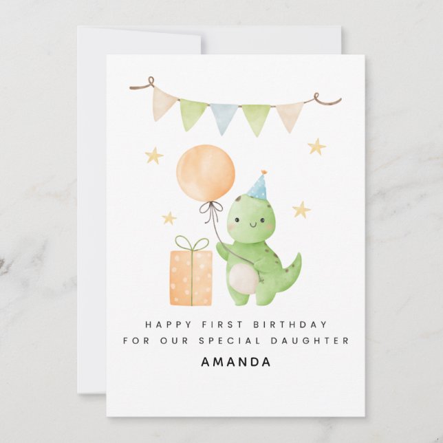 Daughter 1st Birthday Card Watercolor Dinosaur (Front)