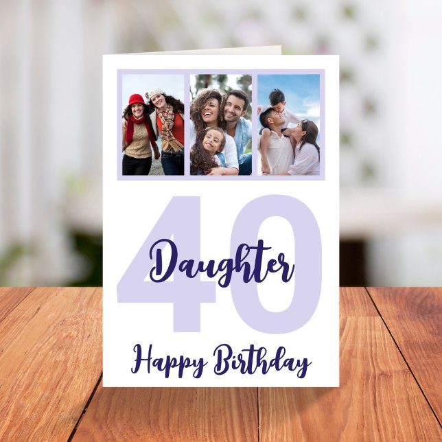 Daughter 40th Birthday Purple Script Photo Collage Card (Creator Uploaded)