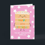 Daughter 4th Birthday Cute Pink Cake Custom Card<br><div class="desc">Celebrate your daughter's big day with this adorable 4th birthday card featuring a cute smiling cake character illustration, colourful sprinkles, and a cheerful “Happy Birthday” message. Set against a playful pink star background, this card is perfect for kids who love fun, silly, and sweet designs. Personalise it with your child’s...</div>