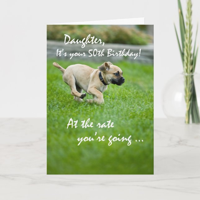 Daughter, 50th Birthday Puppy Running Card (Front)