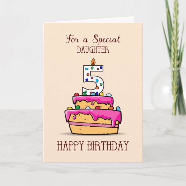 Daughter 5th Birthday, 5 on Sweet Pink Cake Card (Front)