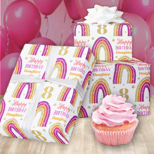 Daughter 8th Birthday Pink Glitter Rainbow Wrapping Paper