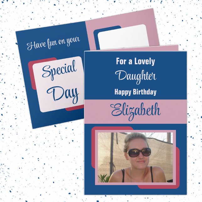Daughter add name photo blue pink birthday card (Creator Uploaded)