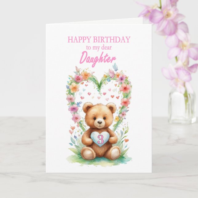 Daughter Age 3 Teddy Bear  Card (Orchid)
