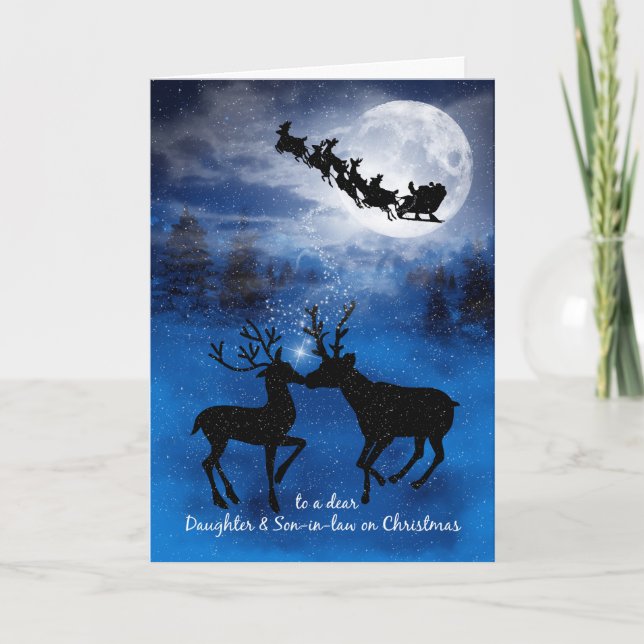 Daughter and Son in Law Kissing Reindeer Christmas Holiday Card (Front)