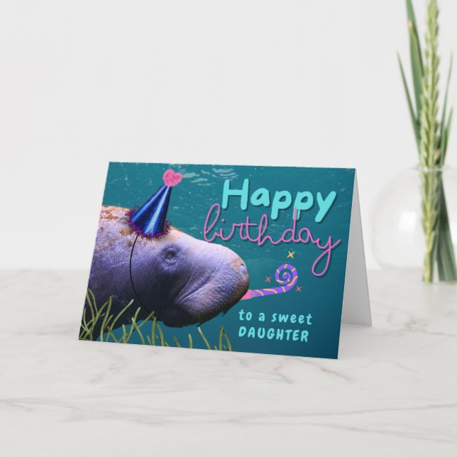 Daughter Birthday Cute Manatee at Party Card (Front)