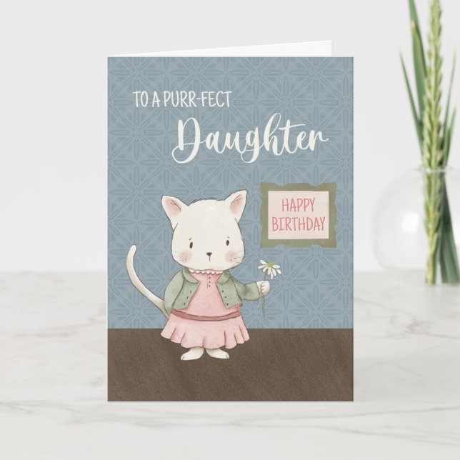 Daughter Birthday Kitty in a Dress Holding Flower  Card (Front)