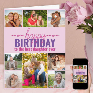 Daughter Birthday Photo Collage Personalised Pink Card