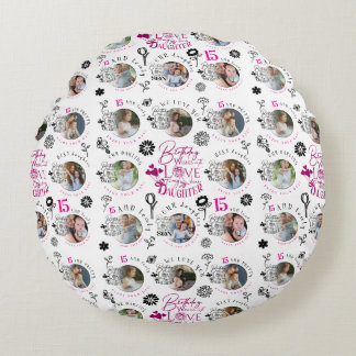 Daughter Birthday Photo Collage Typography  Round Cushion