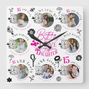 Daughter Birthday Photo Collage Typography Square Wall Clock