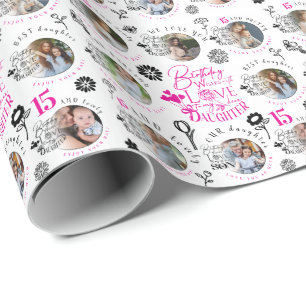 Daughter Birthday Photo Collage Typography Wrapping Paper