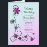 Daughter Birthday with Scrolls and Flowers<br><div class="desc">An elegant and beautiful birthday card. A perfect card to give to your daughter. Purple flowers and glittery scrolls make a very special birthday card.</div>