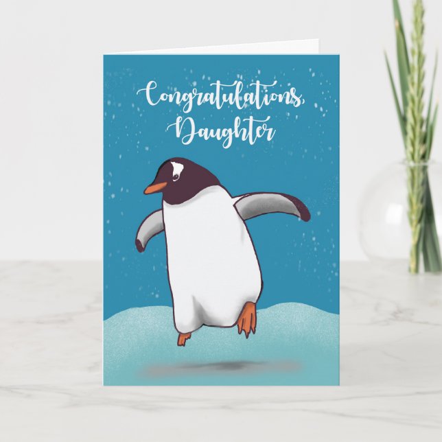 Daughter Congratulations Penguin Jumping For Joy Card (Front)