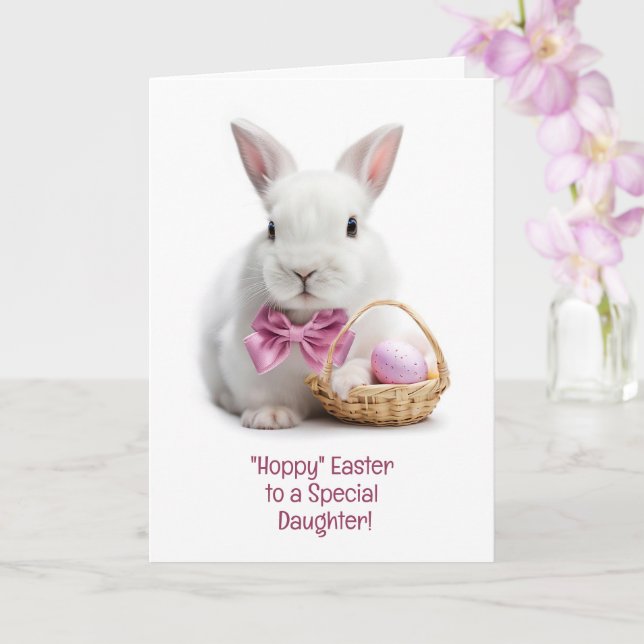 Daughter Cute and Fun Happy Easter White Bunny  Card (Orchid)