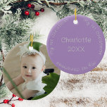 Daughter First Christmas Photo Lilac And Silver Ceramic Ornament<br><div class="desc">This baby's first christmas lilac and silver tree ornament makes a cute memento for your Daughter. Add your favourite photo to the front and her name to the back. To change the text and photo click on the personalise button.</div>