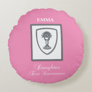 Daughter, First Communion Silver Chalice Round Cushion