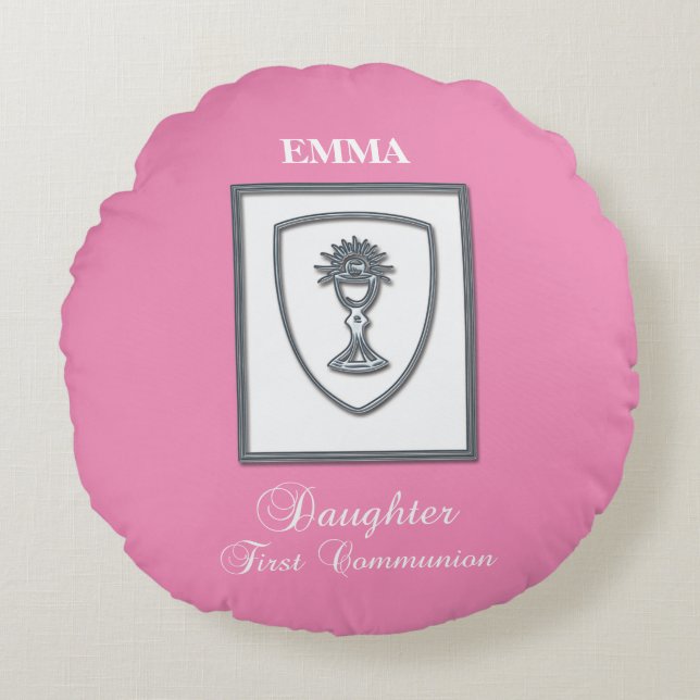Daughter, First Communion Silver Chalice Round Cushion (Front)