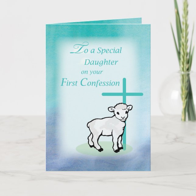 Daughter First Confession Lamb Cross on Teal Card (Front)