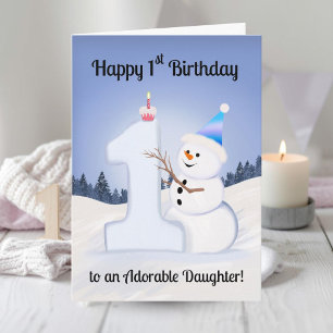 Daughter Happy 1st Birthday Snowman Building Card