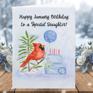 Daughter Happy January Birthday Cardinal with Cake Card
