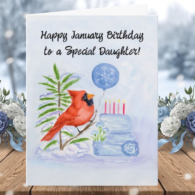 Daughter Happy January Birthday Cardinal with Cake Card (Creator Uploaded)