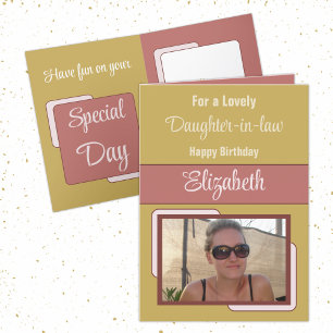 Daughter-in-law add name photo gold pink birthday card