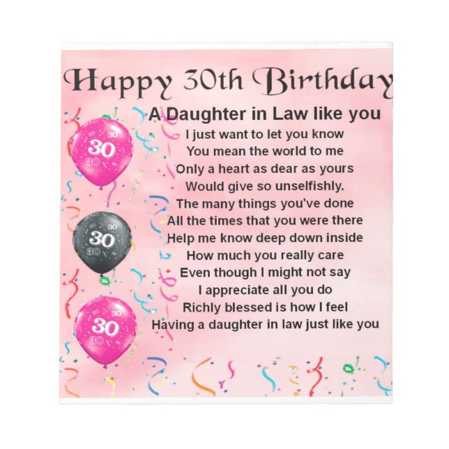 Daughter in Law Poem - 30th Birthday Notepad (Front)