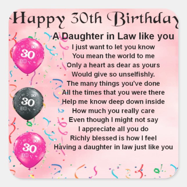 Daughter in Law Poem - 30th Birthday Square Sticker (Front)