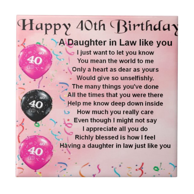 Daughter in Law Poem  -  40th Birthday Ceramic Tile (Front)